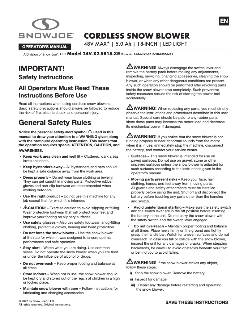 Page 1 de la notice Manuel utilisateur Snow Joe 24V-X2-SB18-XR