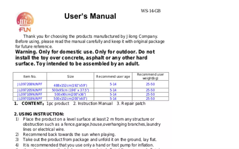 Page 1 de la notice Manuel utilisateur JILONG JL097205NPF