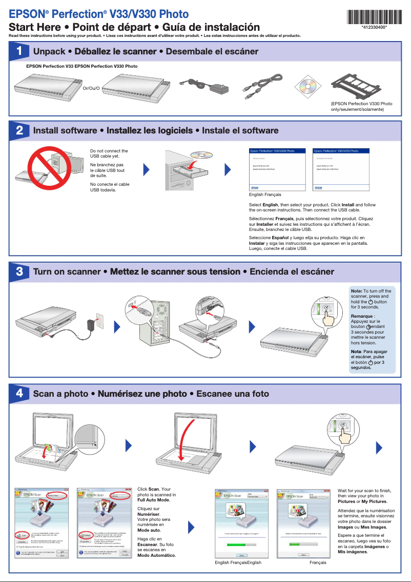 Page 1 de la notice Manuel utilisateur Epson Perfection V33 Photo