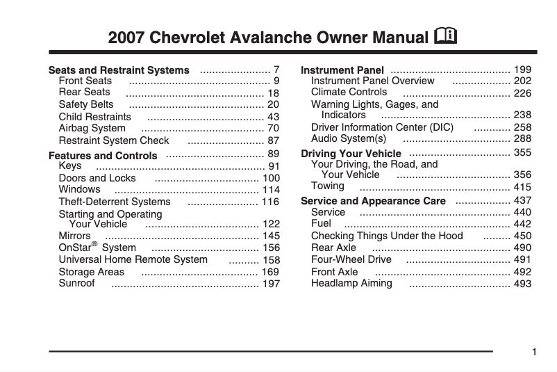 Page 1 de la notice Manuel utilisateur Chevrolet Avalanche (2002)