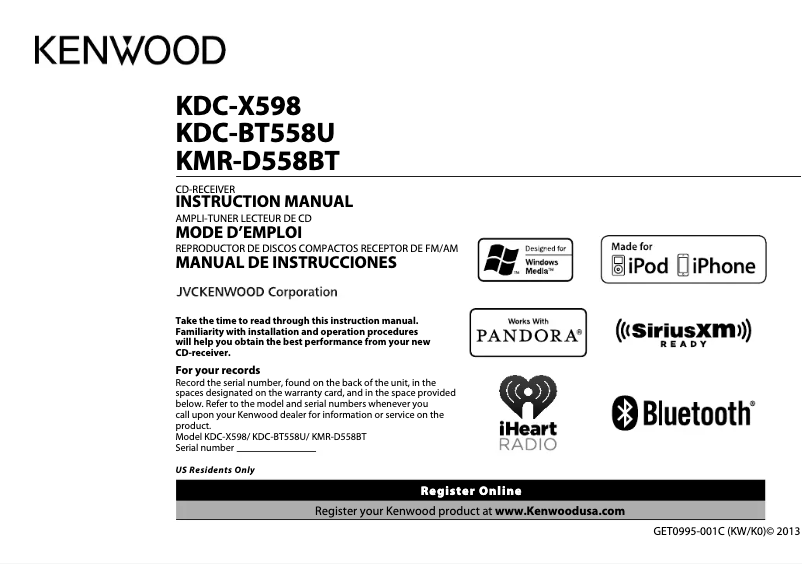 Image de la première page du manuel de l'appareil KMR-D558BT