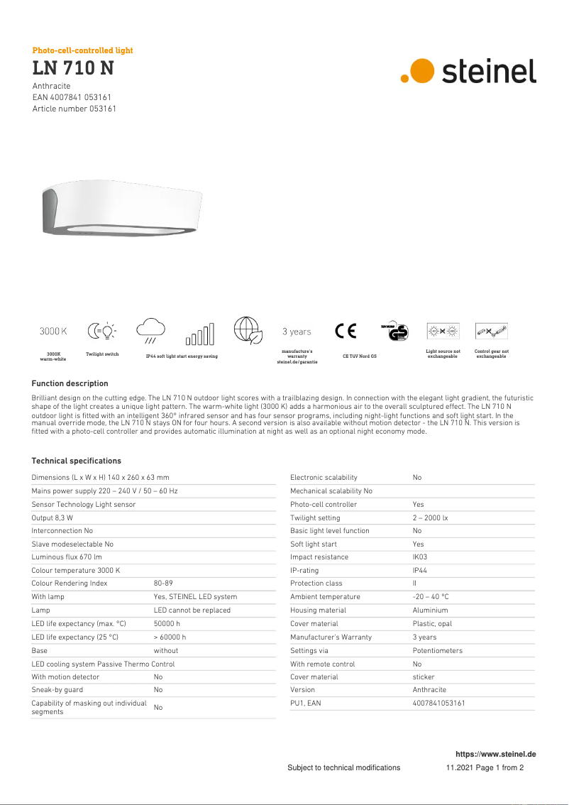 Page n°1 - Fiche technique Steinel LN 710 N