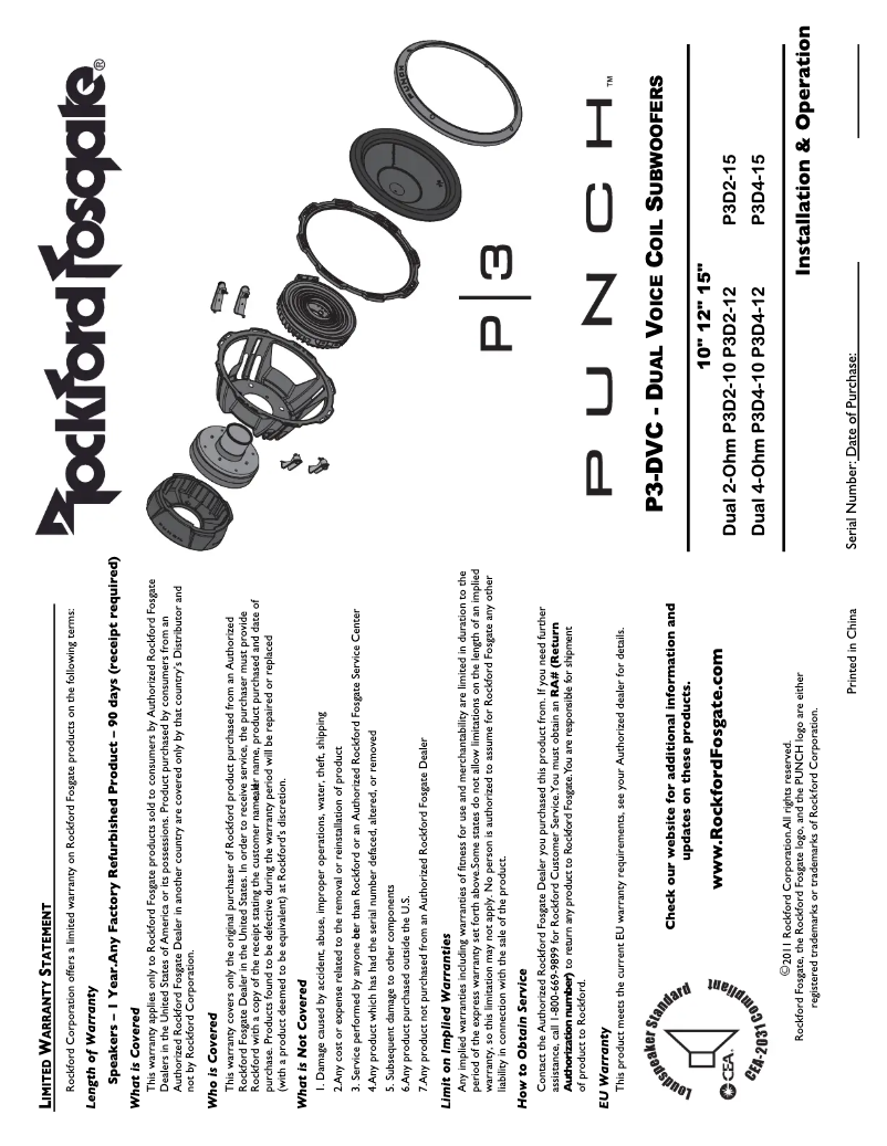 Page 1 de la notice Manuel utilisateur Rockford Fosgate Punch P3D2-15