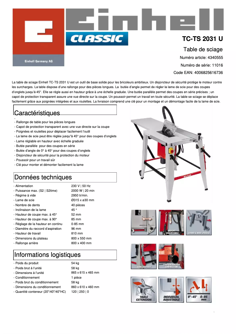 Page 1 de la notice Fiche technique Einhell TC-TS 2031 U