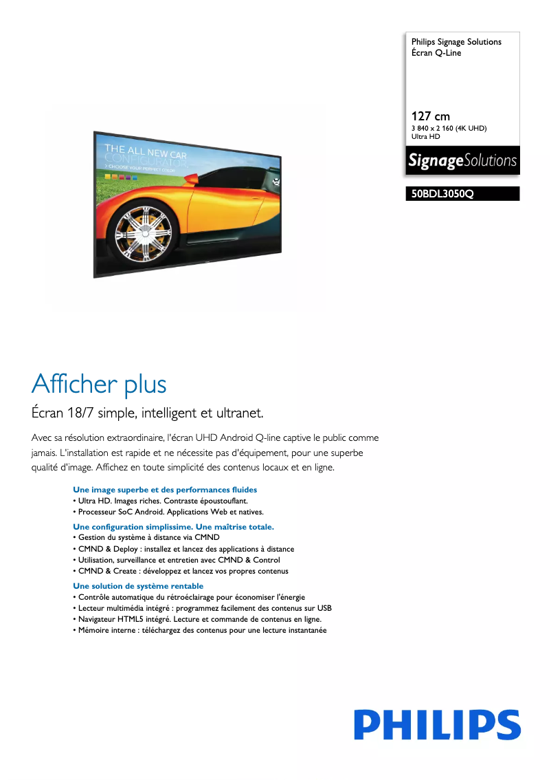 Page 1 de la notice Fiche technique Philips 50BDL3050Q
