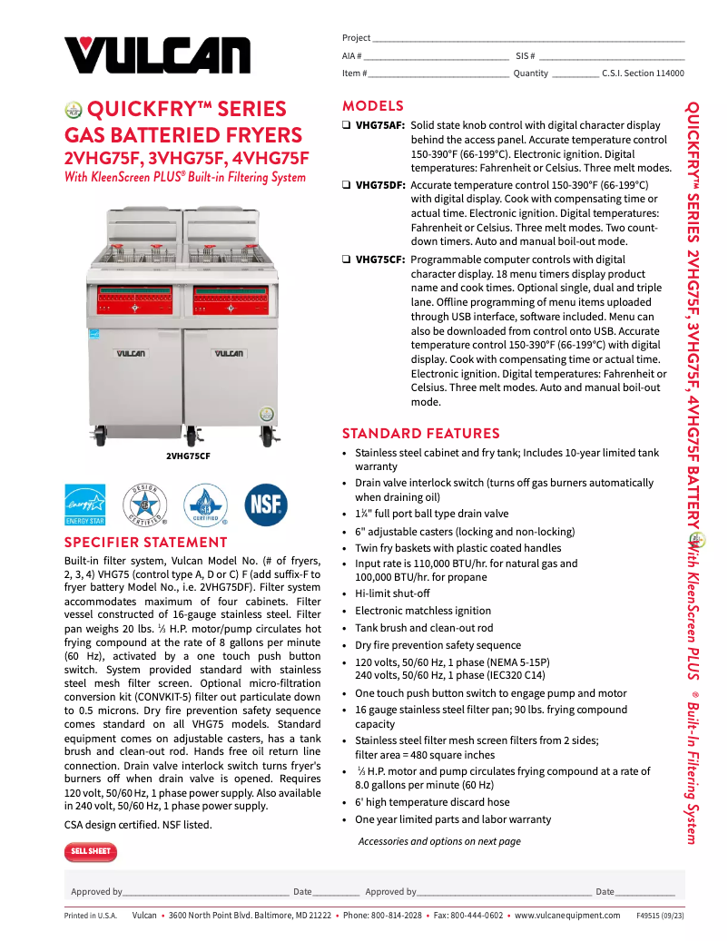 Page 1 de la notice Fiche technique Vulcan VHG75