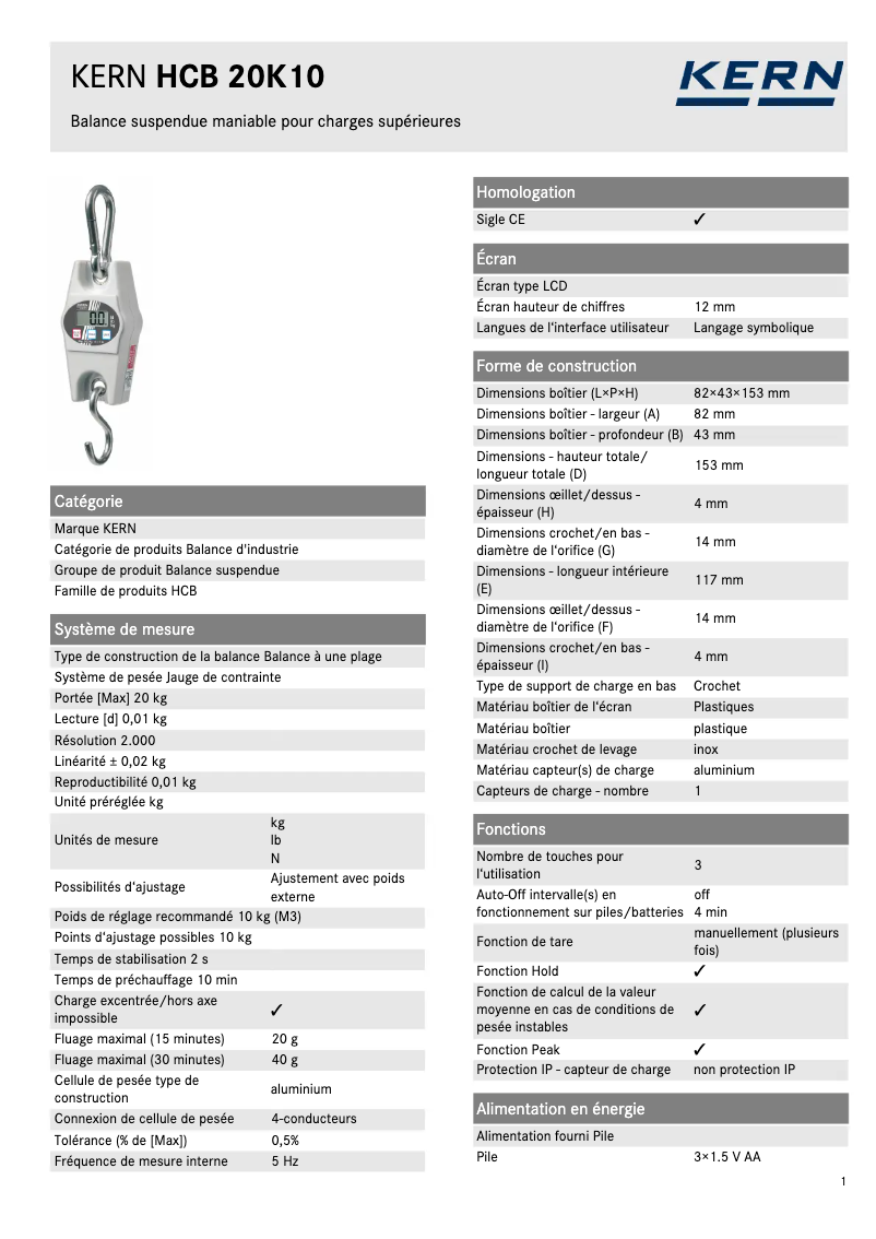 Página 1 del manual Ficha técnica Kern HCB 20K10