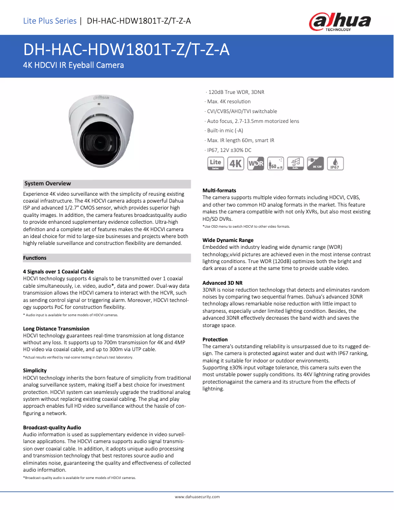 Page 1 de la notice Fiche technique Dahua Technology HAC-HDW1801T-Z-A