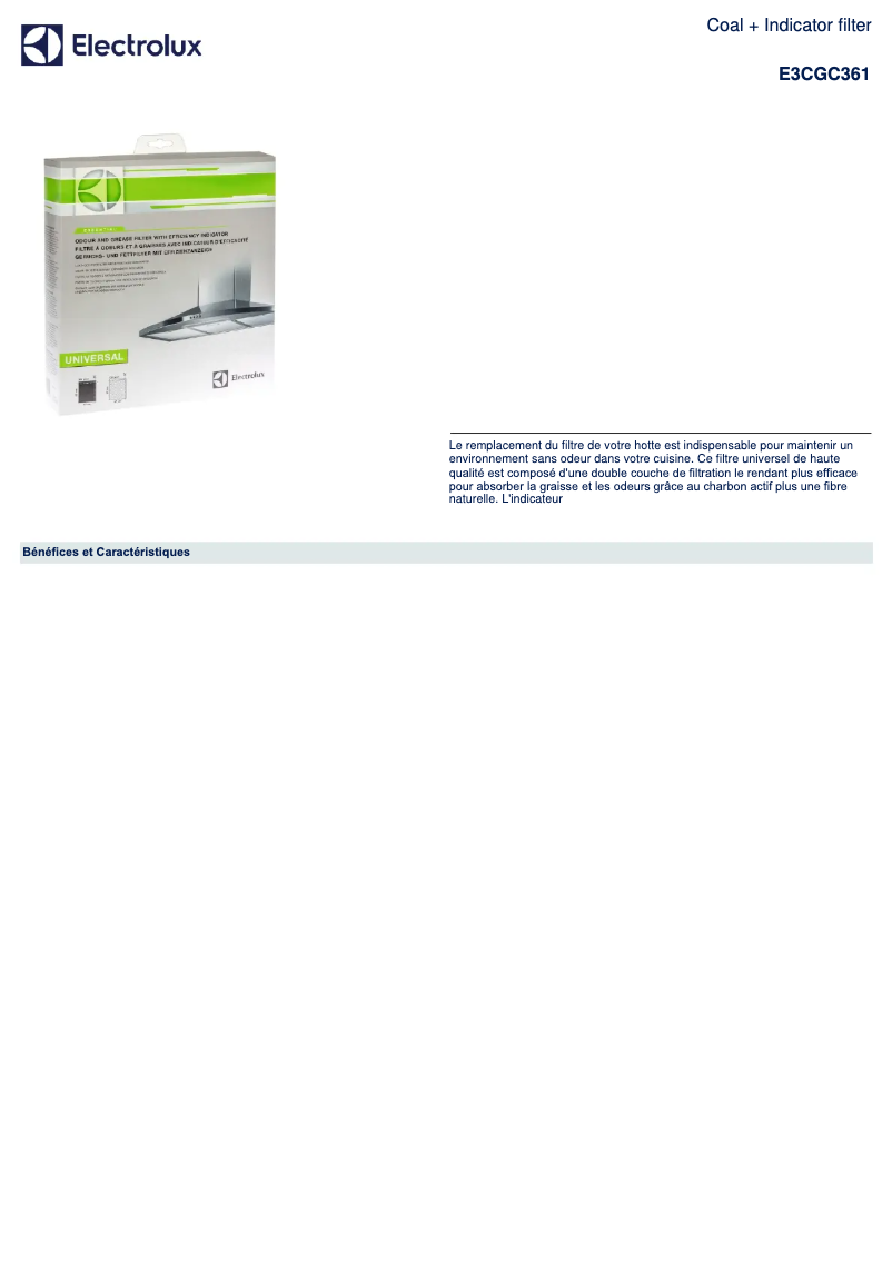 Page 1 de la notice Fiche technique Electrolux E3CGC361