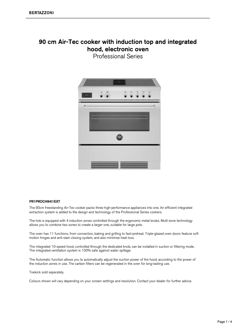 Page 1 de la notice Fiche technique Bertazzoni PR1PROCH94I1EXT