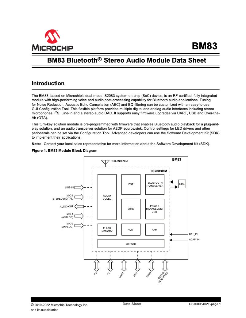 Page 1 de la notice Fiche technique Microchip BM83