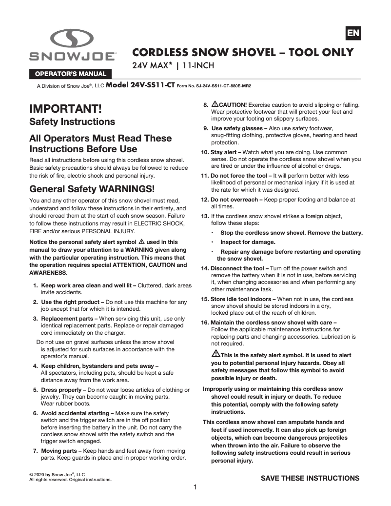 Page 1 de la notice Manuel utilisateur Snow Joe 24V-SS11-CT
