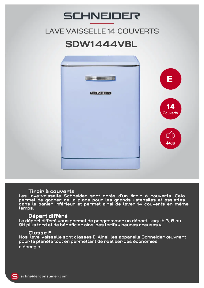 Page 1 de la notice Fiche technique Schneider SDW1444VBL