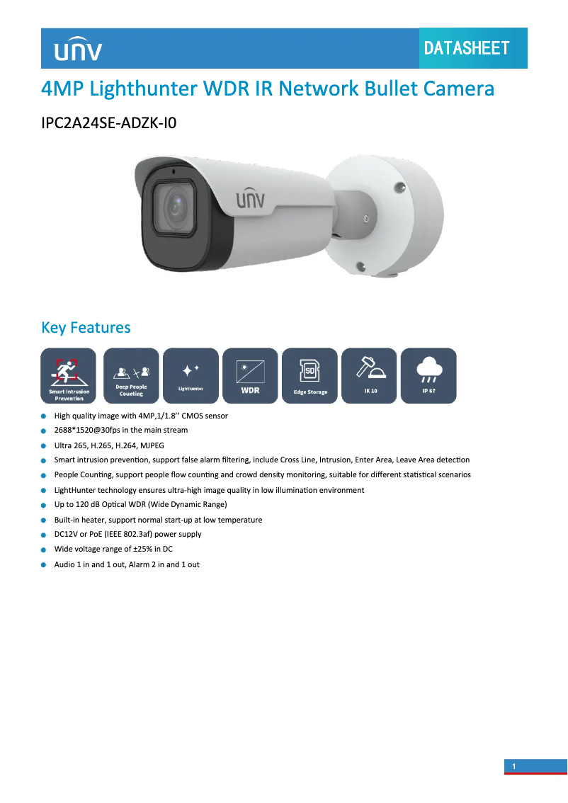 Page 1 de la notice Fiche technique UniView IPC2A24SE-ADZK-I0