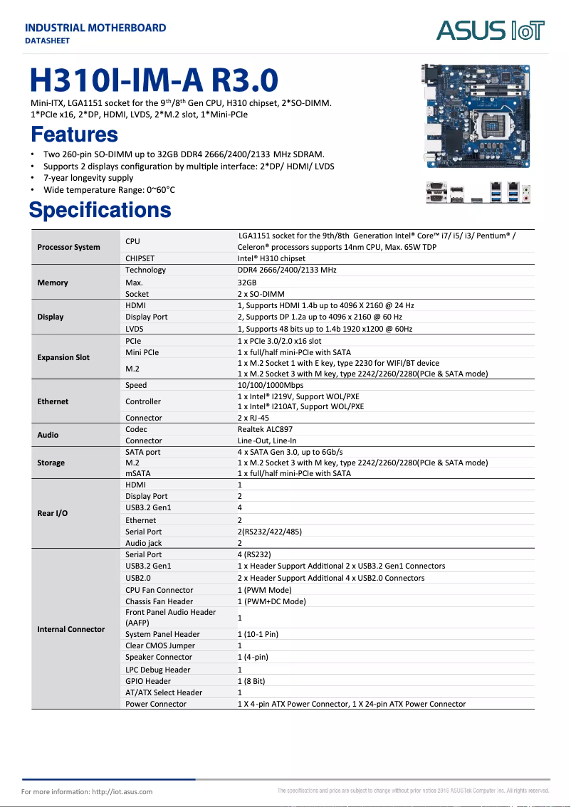 Page 1 de la notice Fiche technique Asus H310I-IM-A R3.0
