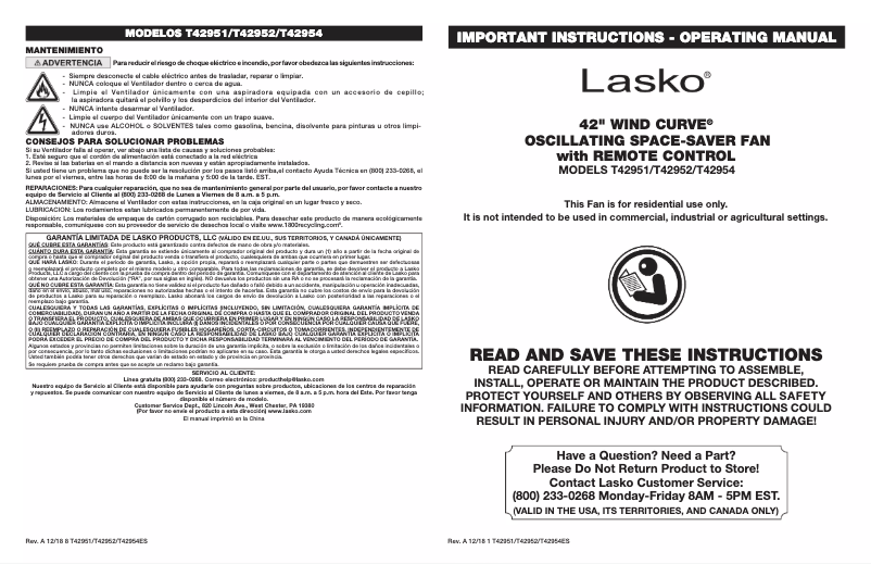 Page 1 de la notice Manuel utilisateur Lasko T42951