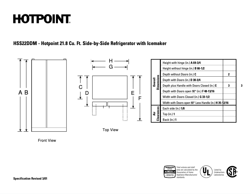 Page n°1 - Fiche technique Hotpoint HSS22DDMWH