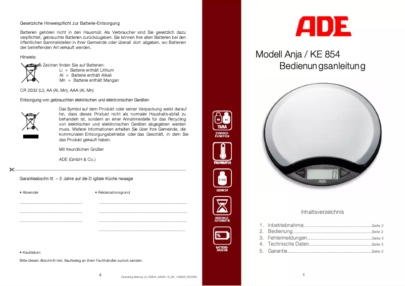 Page 1 de la notice Manuel utilisateur ADE Anja KE 854