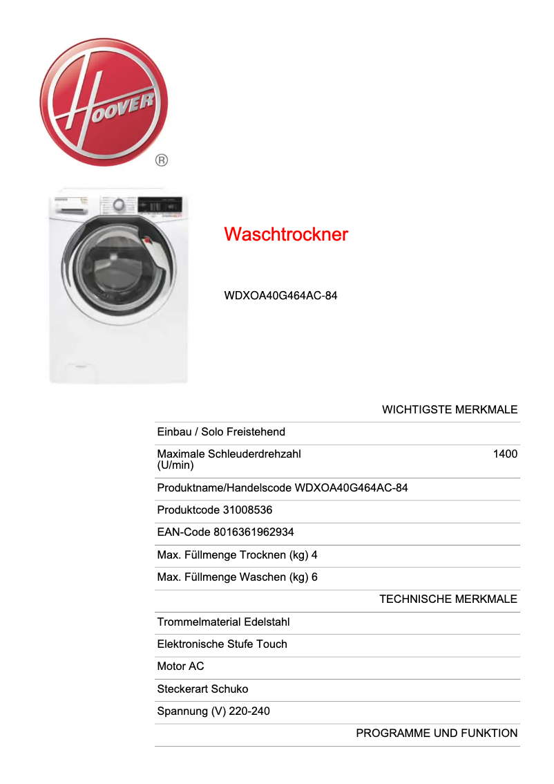Page n°1 - Manuel utilisateur Hoover WDXOA40G464AC-84