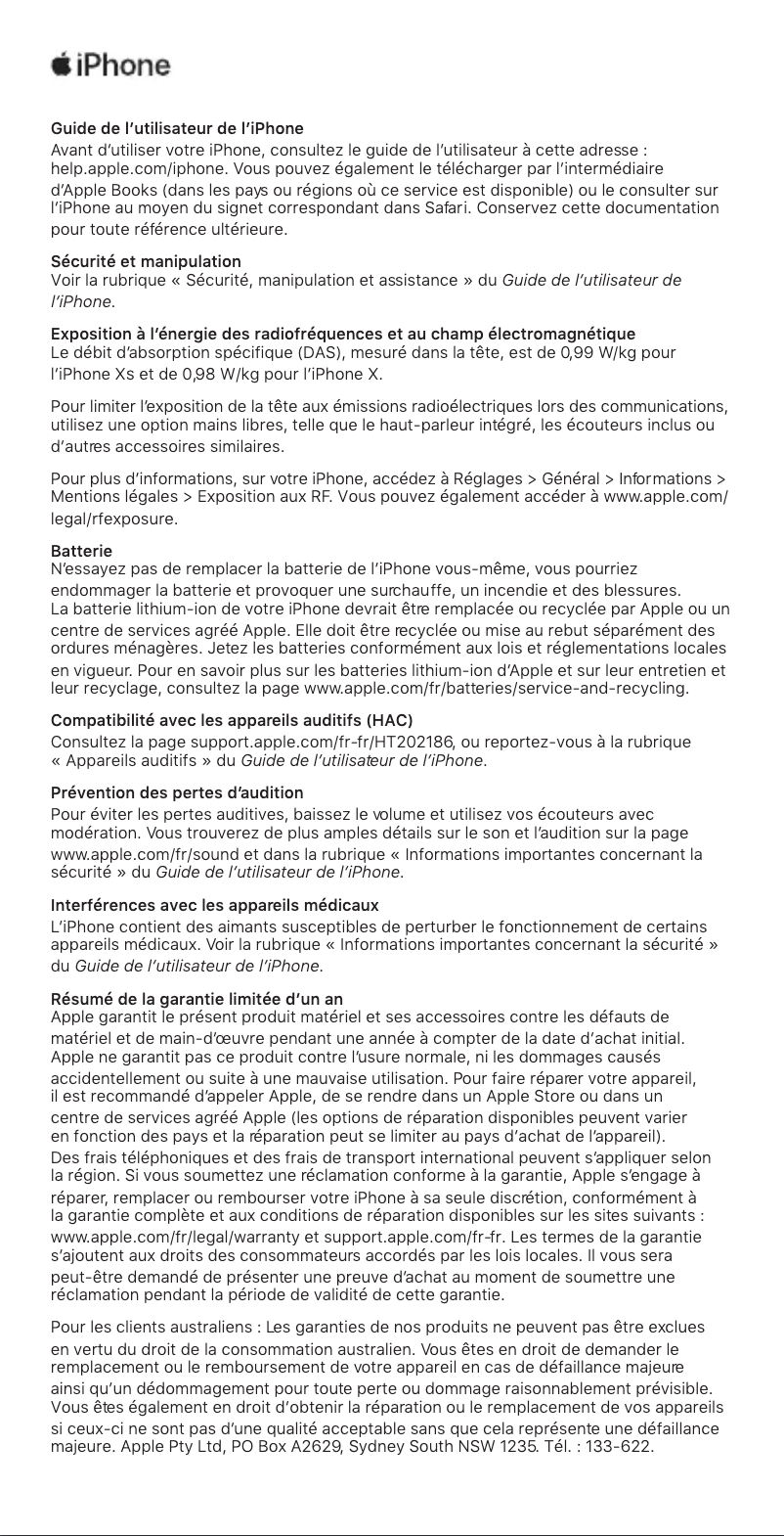 Page 1 de la notice Manuel utilisateur Apple iPhone Xs
