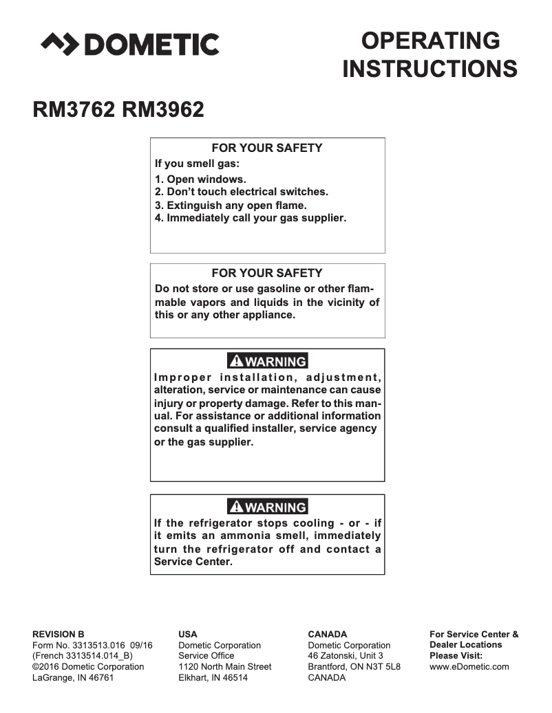 Page 1 de la notice Manuel utilisateur Dometic RM3962