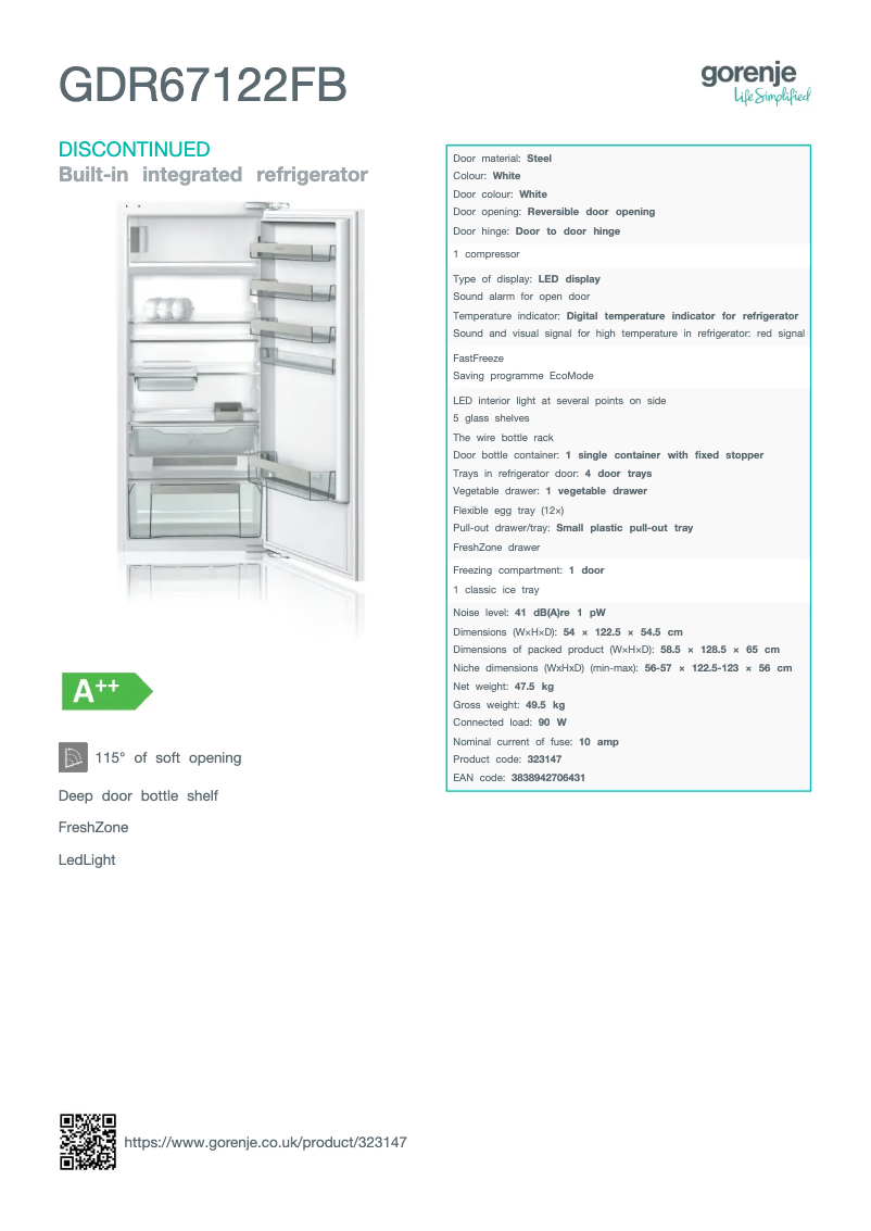 Page n°1 - Fiche technique Gorenje GDR67122FB