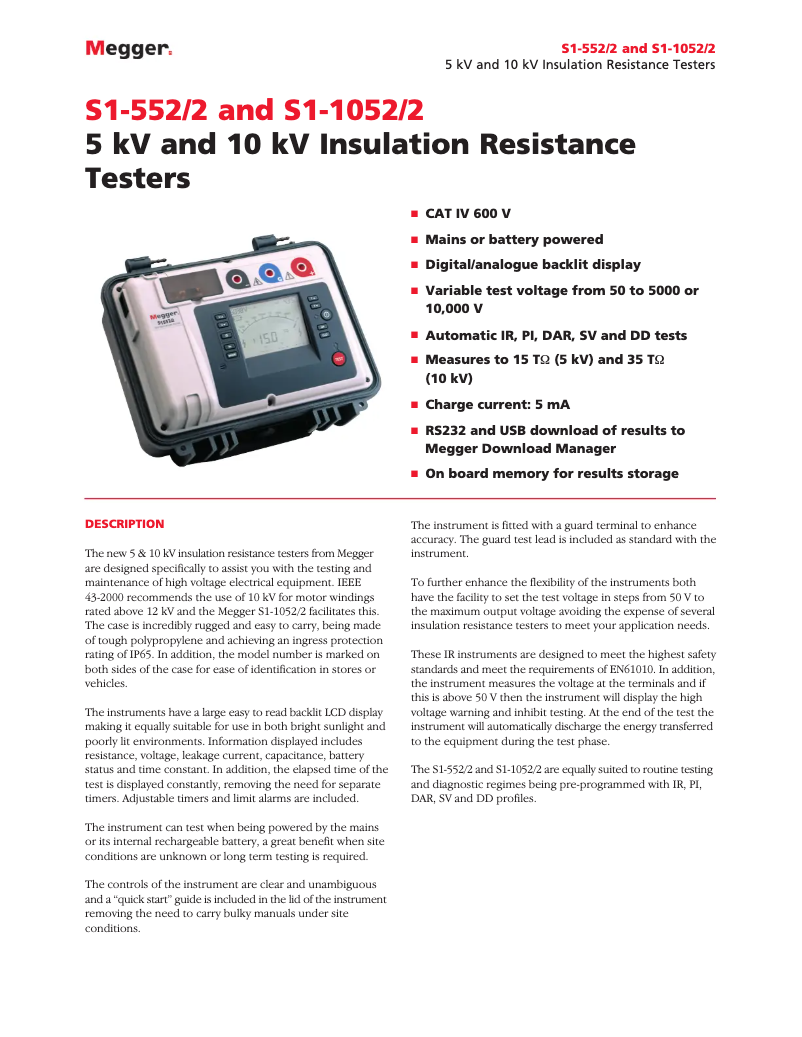Page 1 de la notice Fiche technique Megger S1-552/2