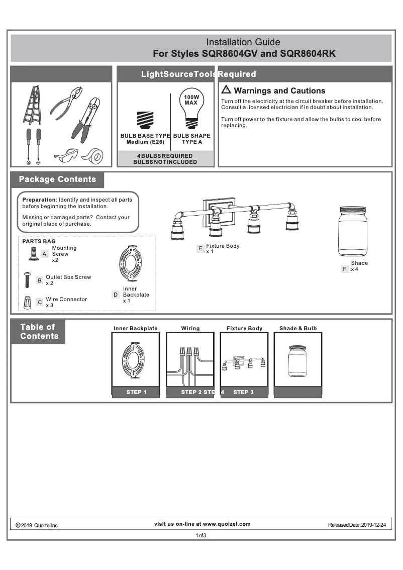 Page 1 de la notice Manuel utilisateur Quoizel Squire SQR8604RK