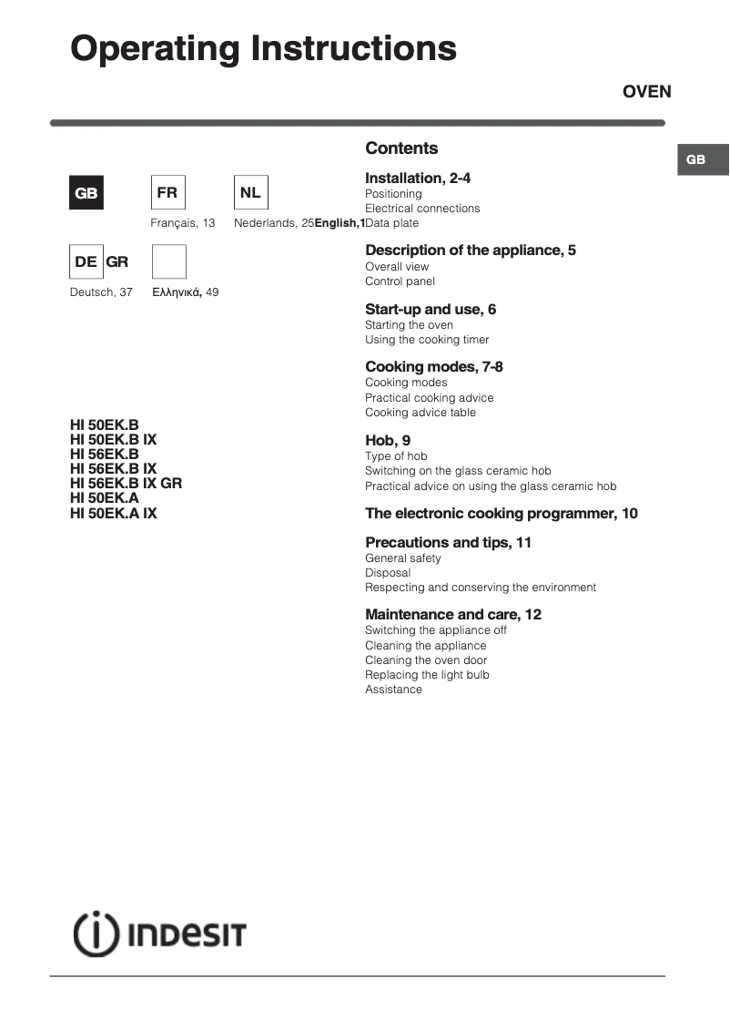 Page n°1 - Manuel utilisateur Indesit HI 50 EK.A IX