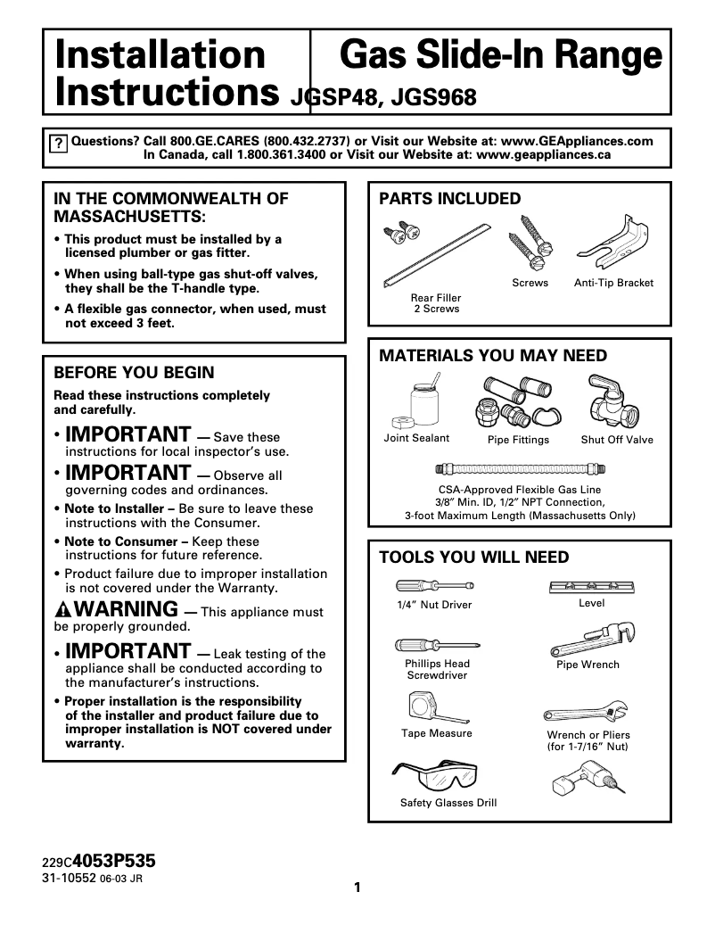 First page image of the manual for JGSP48BHBB