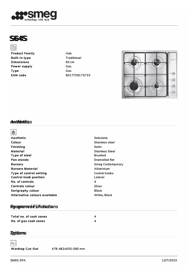 Page 1 de la notice Fiche technique Smeg S64S