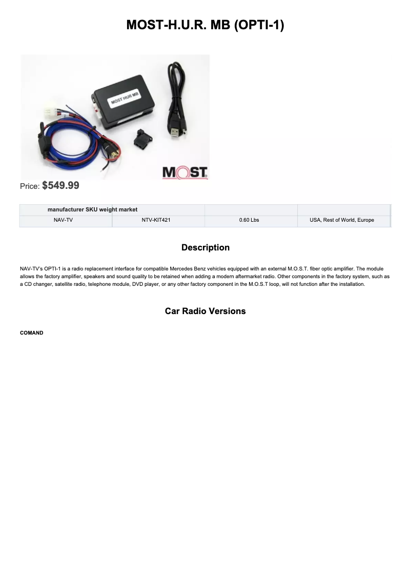 Image de la première page du manuel de l'appareil MOST-H.U.R. MB NTV-KIT421