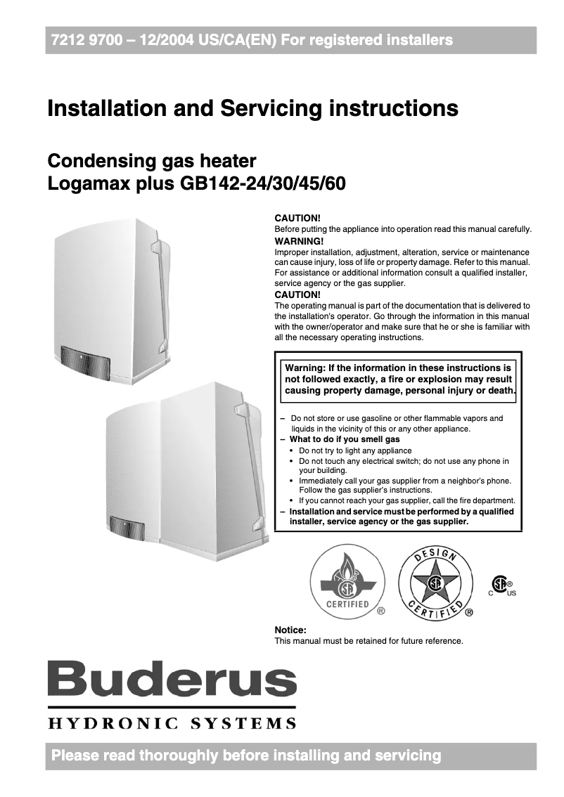 Page 1 de la notice Manuel utilisateur Buderus Logamax plus GB142-60