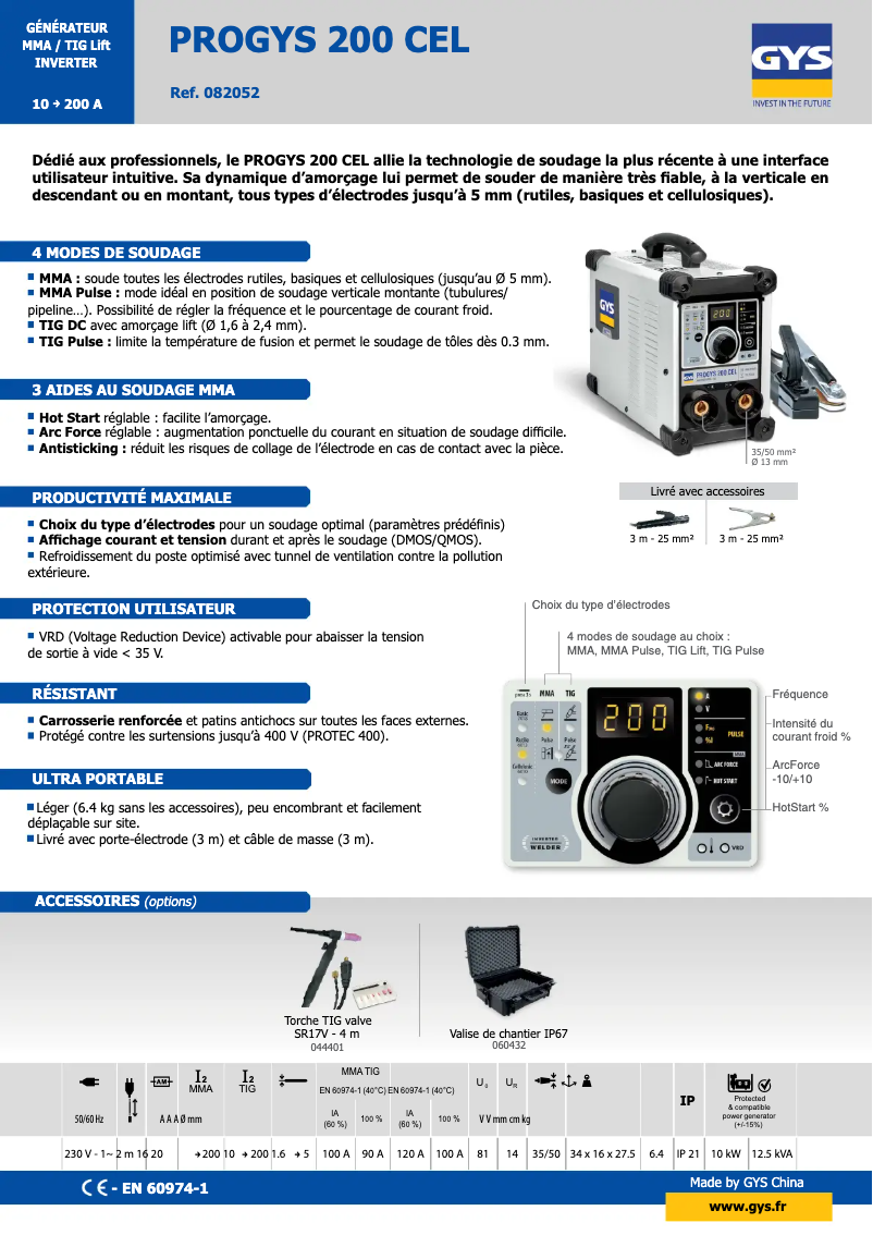 Page n°1 - Fiche technique GYS PROGYS 200 CEL