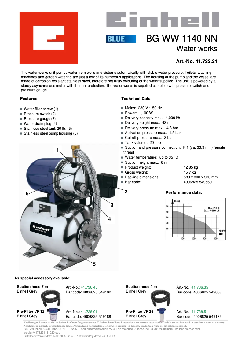 Page n°1 - Fiche technique Einhell BG-WW 1140 NN