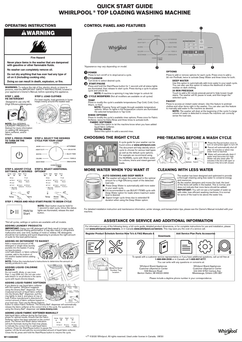 Page 1 de la notice Guide de démarrage rapide Whirlpool WTW5010LW