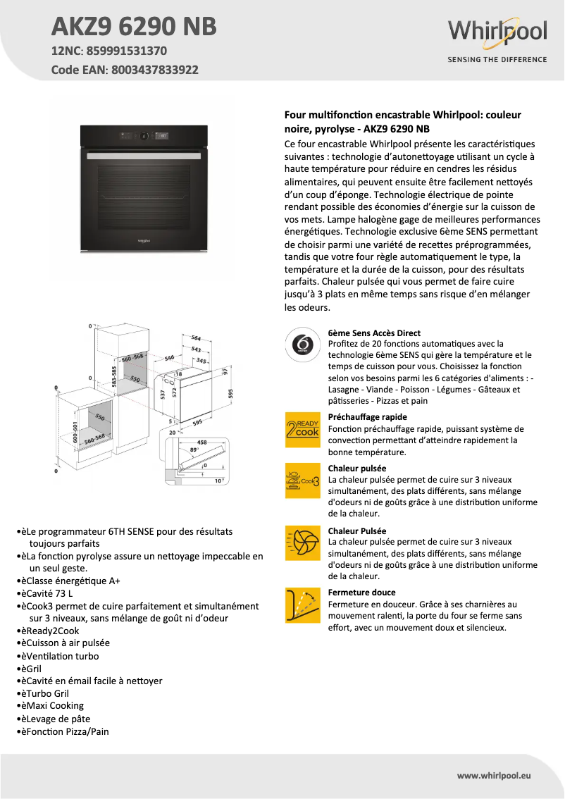 Página 1 del manual Ficha técnica Whirlpool AKZ9 6290 NB