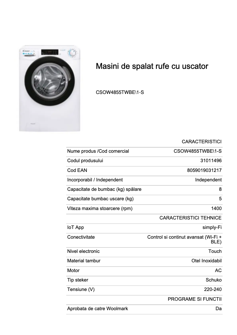 Page 1 de la notice Fiche technique Candy CSOW4855TWBE\1-S