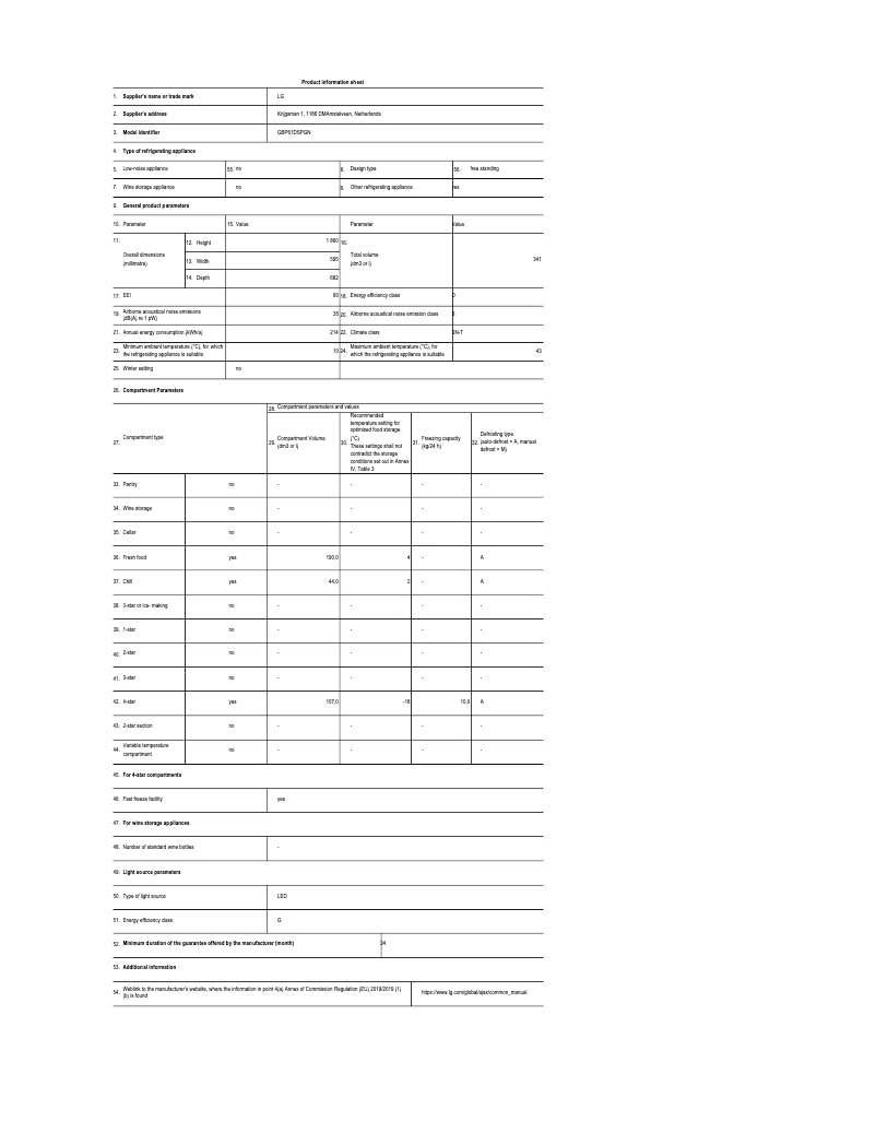 Page 1 de la notice Fiche technique LG GBP61DSPGN