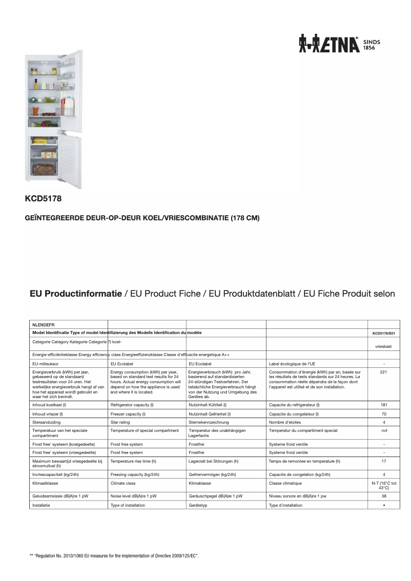 Page 1 de la notice Fiche technique Etna KCD5178