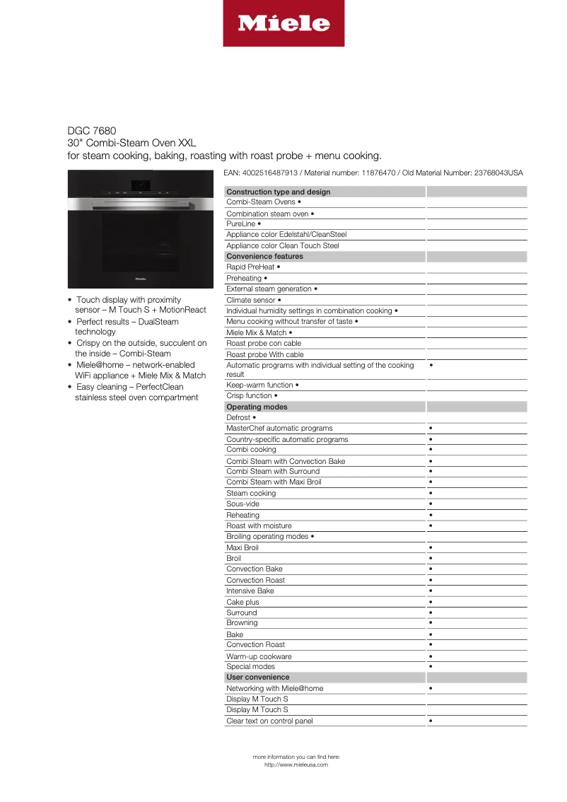 Page 1 de la notice Fiche technique Miele DGC 7680