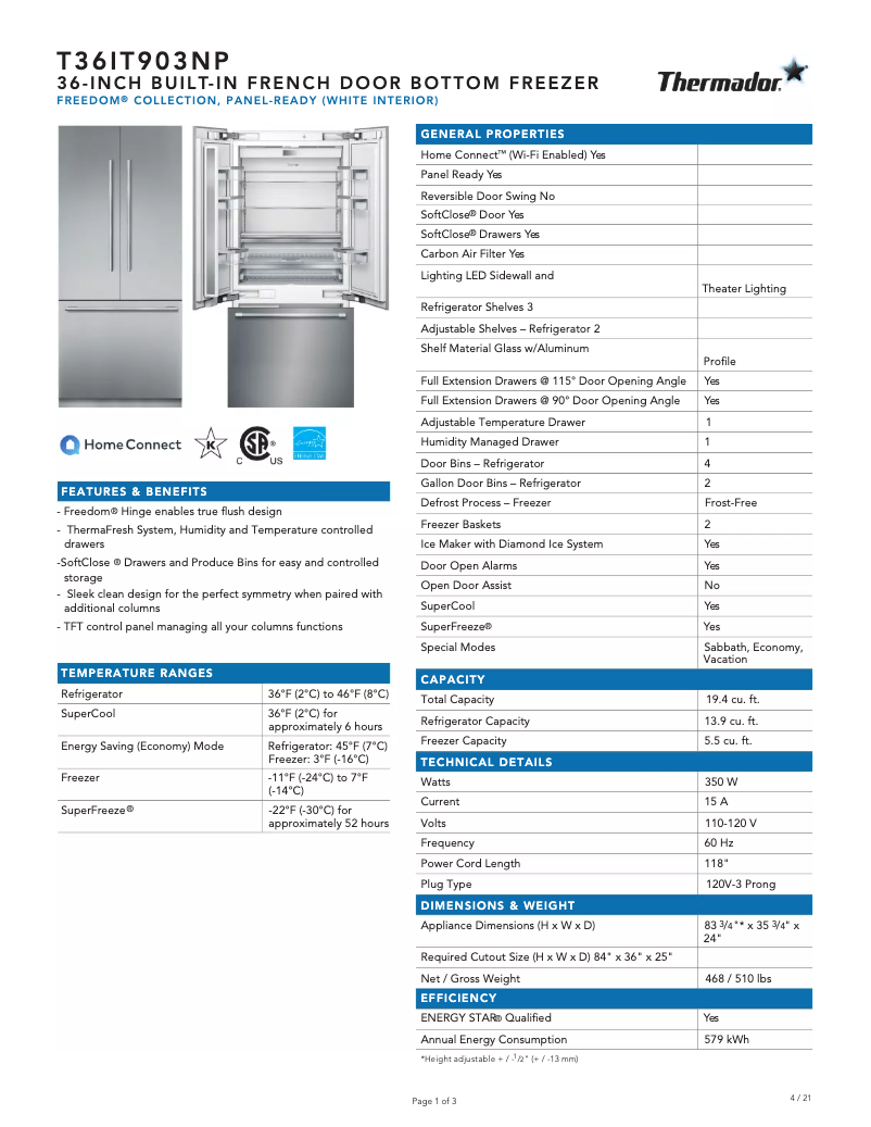 Page 1 de la notice Fiche technique Thermador T36IT903NP