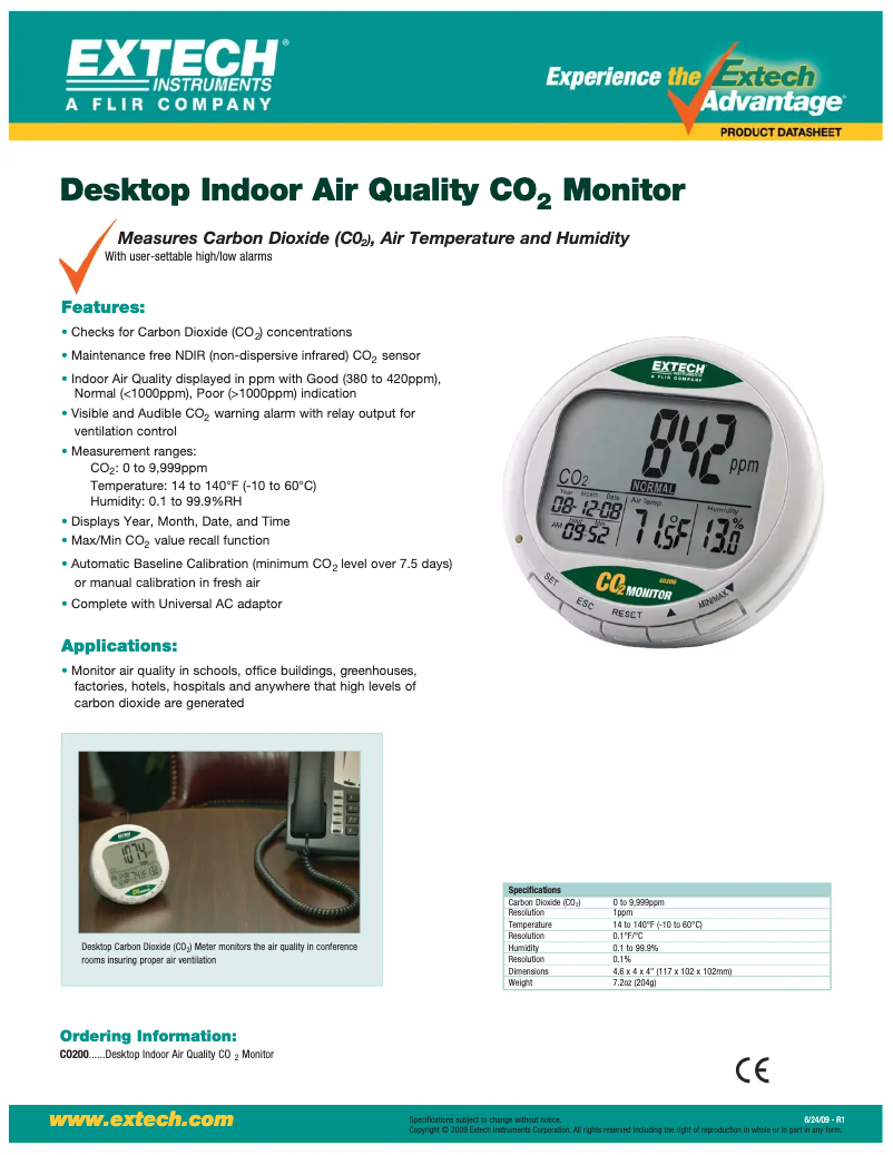 Página 1 del manual Ficha técnica Extech CO200