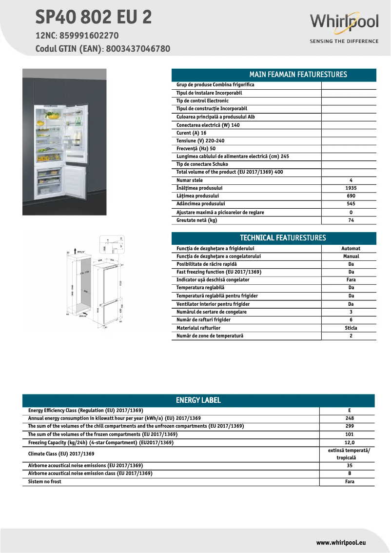 Page 1 de la notice Fiche technique Whirlpool SP40 802 EU 2