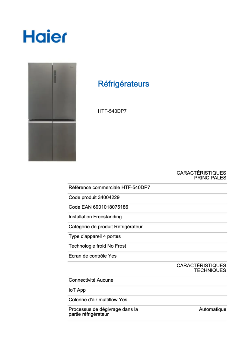 Image de la première page du manuel de l'appareil HTF-540DP7