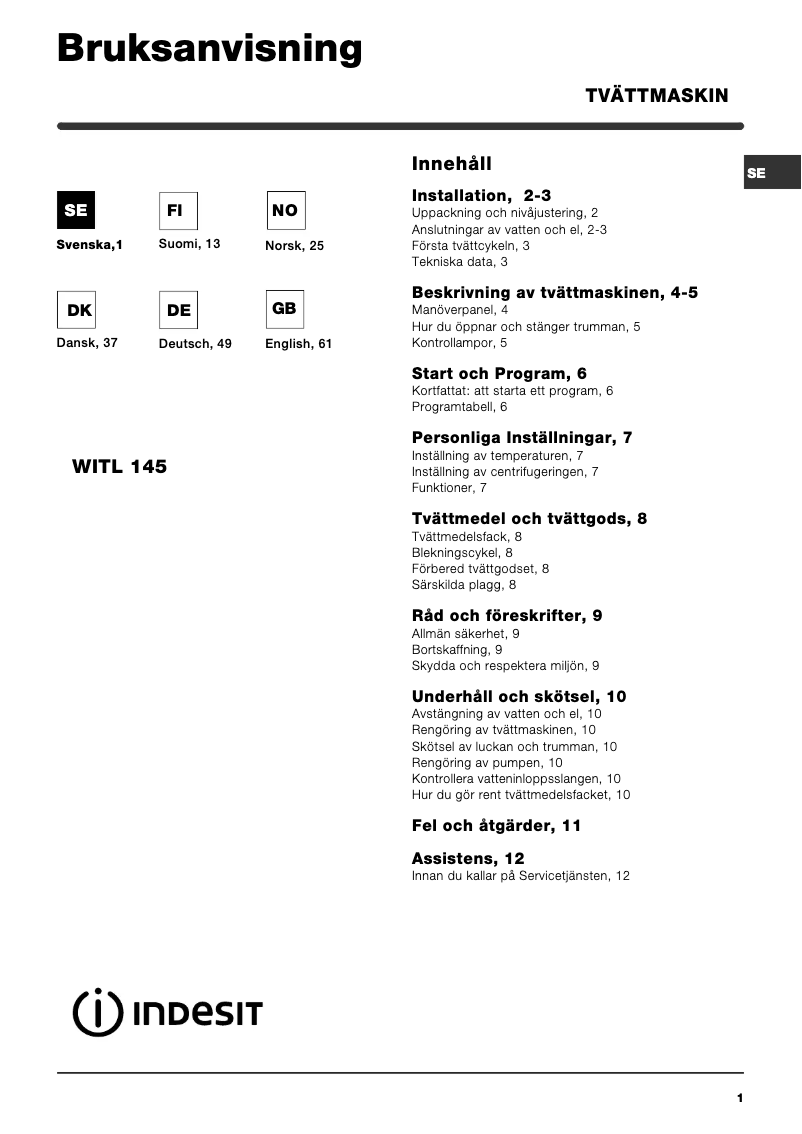 Page n°1 - Manuel utilisateur Indesit WITL 145