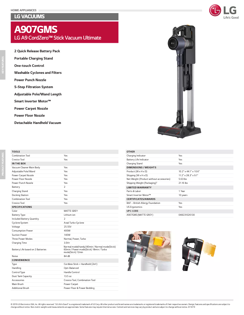 Page 1 de la notice Fiche technique LG A907GMS