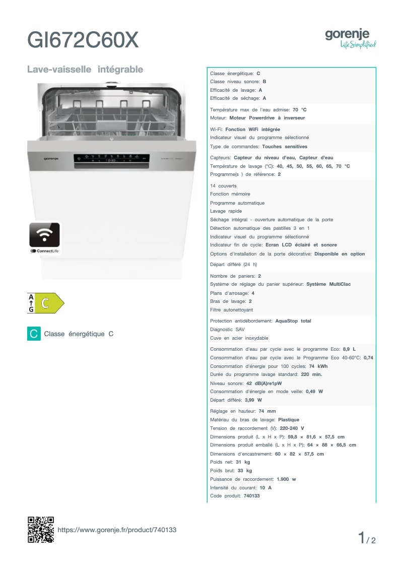 Page 1 de la notice Fiche technique Gorenje GI672C60X
