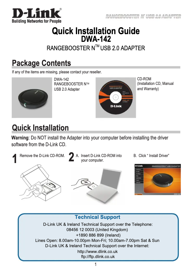 Page n°1 - Guide de démarrage rapide D-Link DWA-142