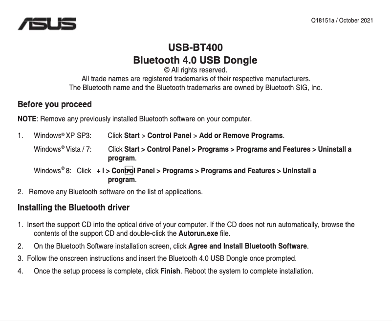 Page n°1 - Guide de démarrage rapide Asus USB-BT400